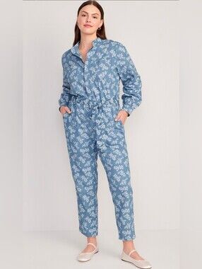 #89 Old Navy Waist-Defined Floral Non-Stretch Jean Jumpsuit P2p21 L55 R13 W15